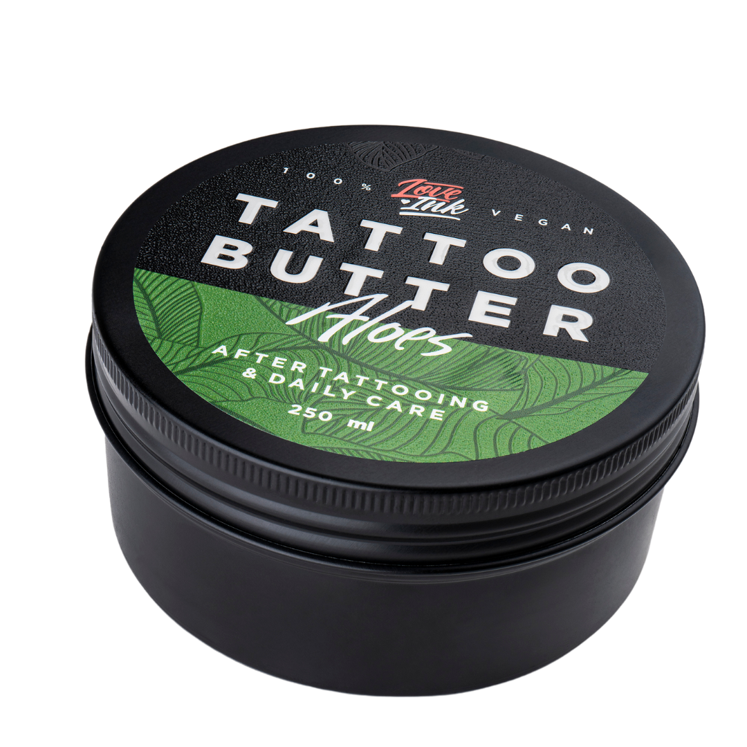 Packshot of Love Ink Tattoo Butter Aloe tin, slightly angled, labeled for after tattooing and daily care, 250 ml.