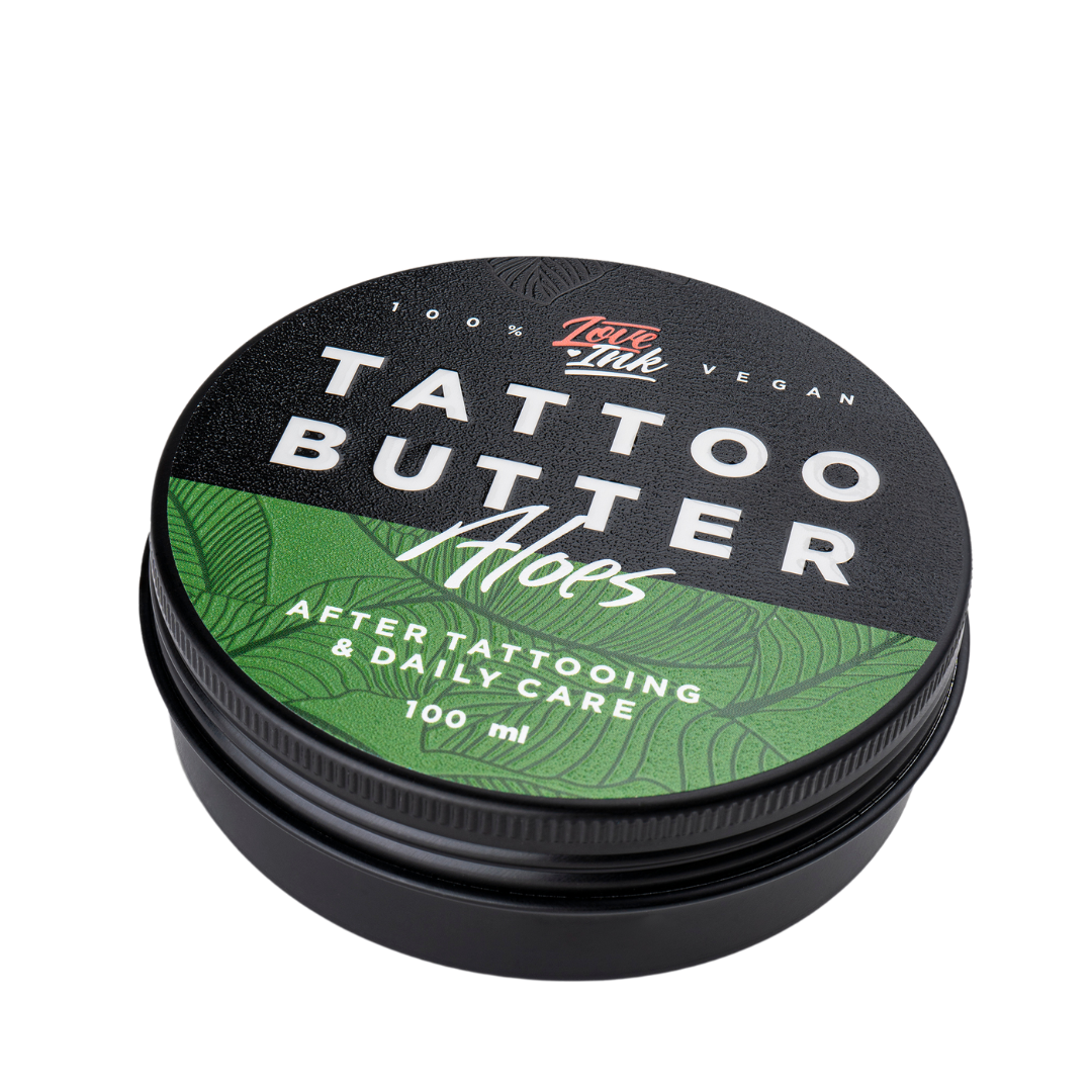 Packshot of Love Ink Tattoo Butter Aloe tin, slightly angled, labeled for after tattooing and daily care, 100 ml.