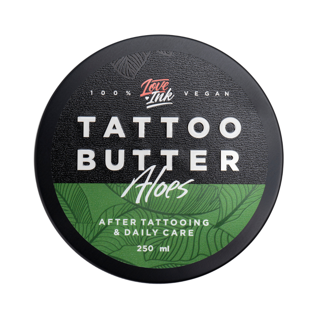 Packshot of Love Ink Tattoo Butter Aloe tin, labeled for after tattooing and daily care, 250 ml.