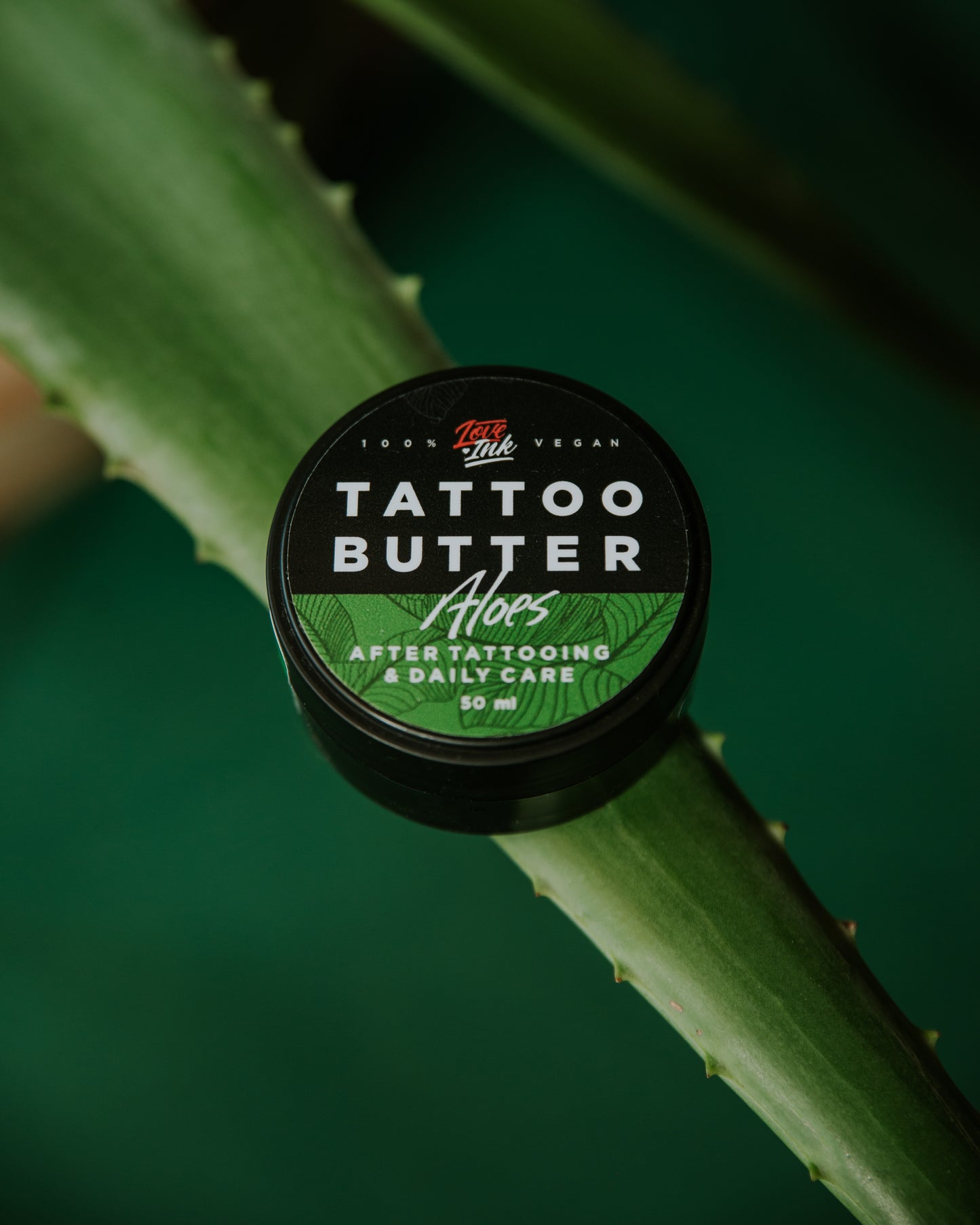Tin of Love Ink Tattoo Butter Aloe, 50 ml, placed on an aloe leaf, with a green background.