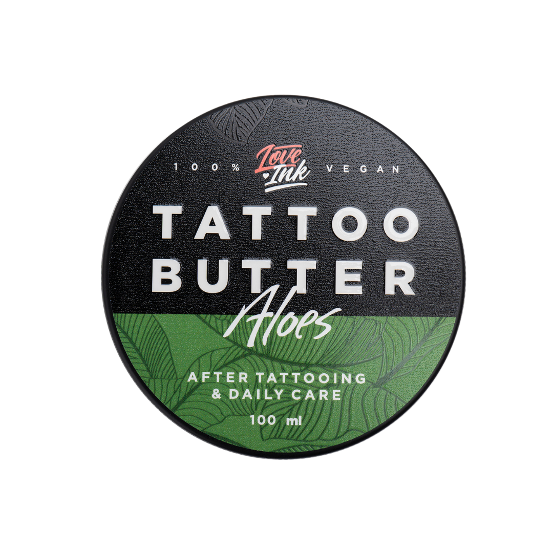 Packshot of Love Ink Tattoo Butter Aloe tin, labeled for after tattooing and daily care, 100 ml.