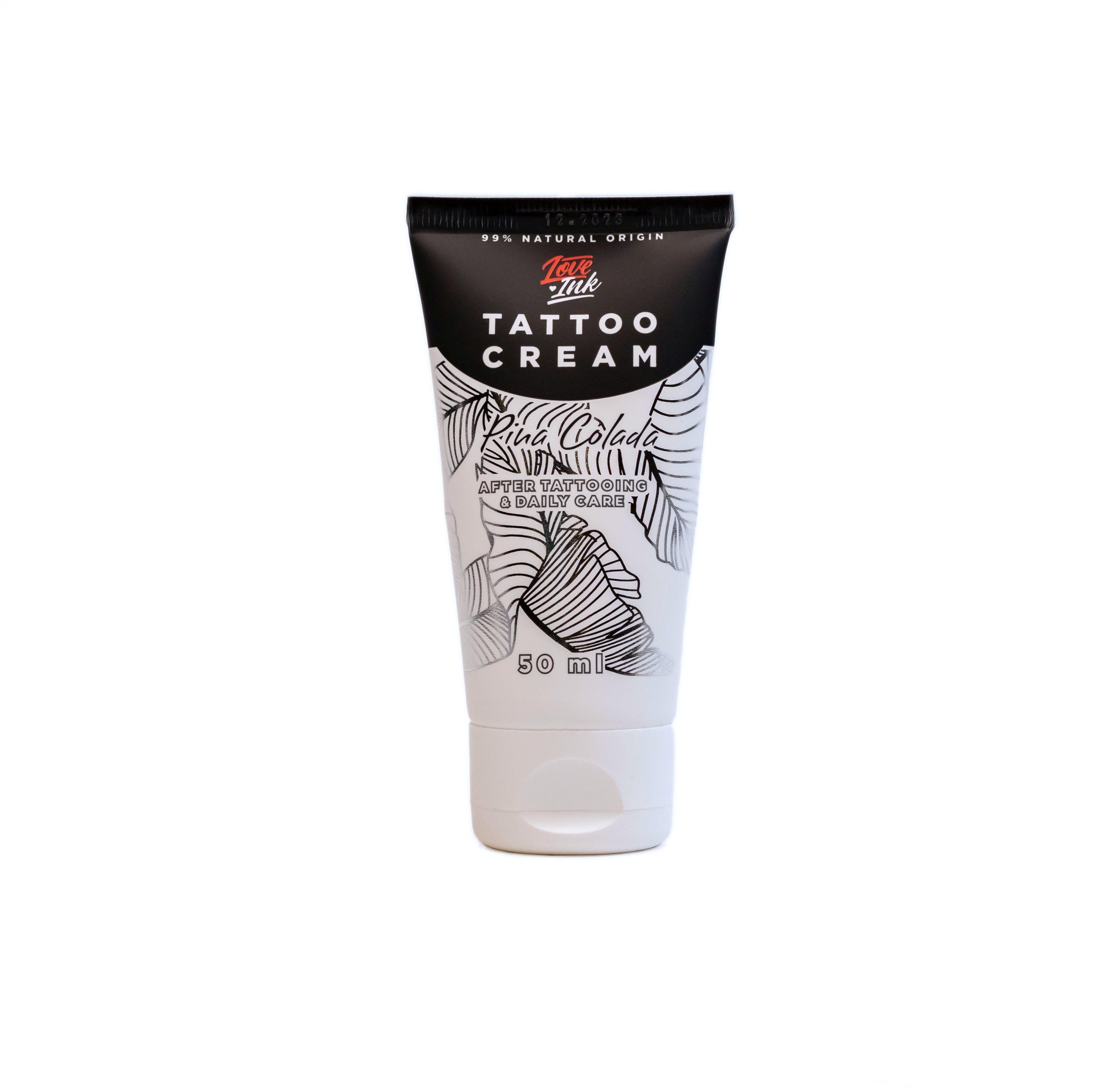 Tube of Tattoo Cream by LoveInk on a white background, showcasing the product's sleek design and packaging.